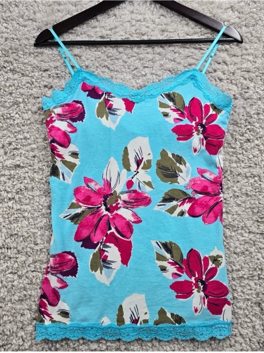 Aeropostale Womens Floral Lace Trim Cami Top Blue Size L‎ Y2K Build in Bra